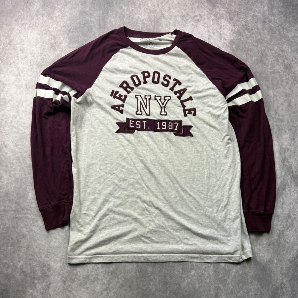 Aeropostale Mens XL Long Sleeve Baseball Tee Grey Burgundy NY Graphic Raglan